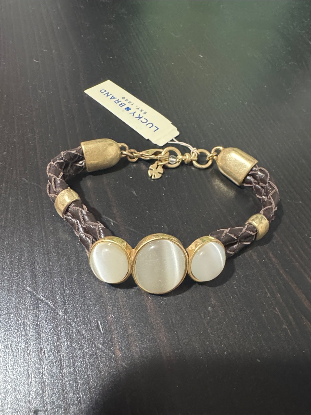 Lucky Brand Brown Braided Bracelet with Gold Accents and Cream Stones